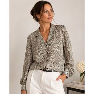 VTG 90s Tamotsu NY Womens Top S Beige Animal Print Classic Business Office Retro